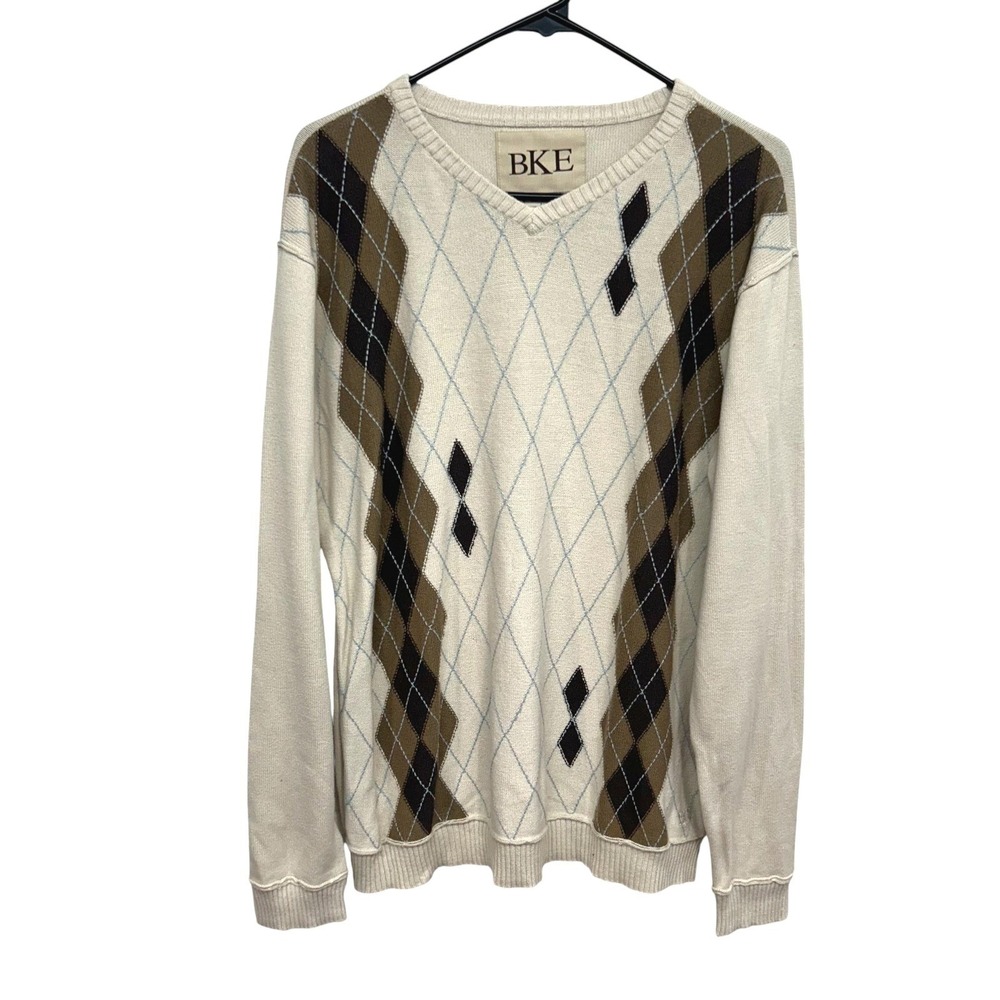 BKE Argyle V Neck Sweater L Brown Black Preppy Academia Grandpa Classic Layer